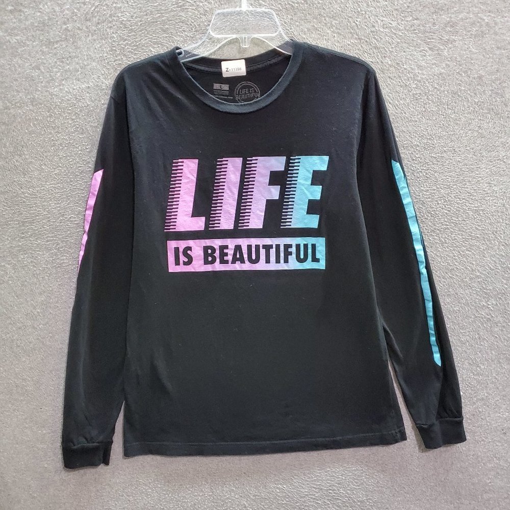 Life Is Beautiful Men T-Shirt‎ Large Black Logo Graphic Print DTLV Long Sleeve